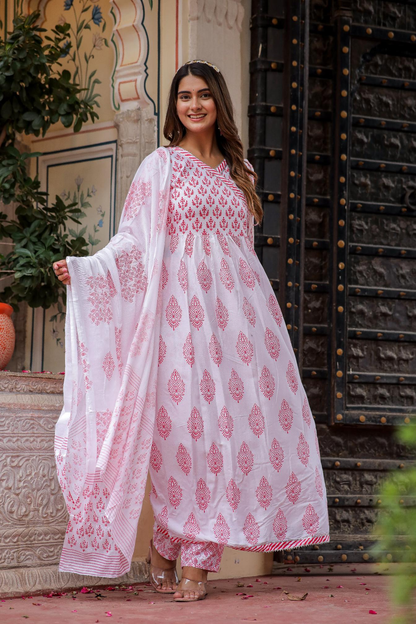 White Flared Ankle-Length Kurta Set with Beautiful Boota Prints, Pant, and  Dupatta - Zamaisha